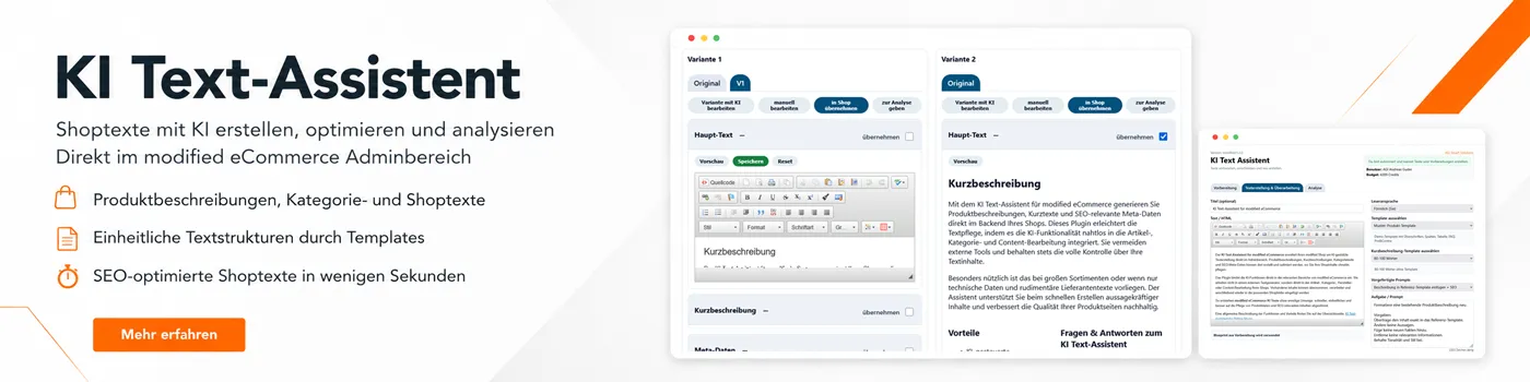 KI Text-Assistent für Online-Shops: Produkttexte, Kategorietexte und Meta-Daten mit KI erstellen, analysieren und SEO-optimiert bearbeiten.